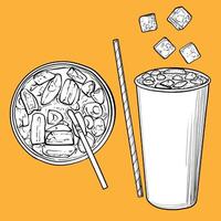 Hand drawn soda. Soft drink paper cup with ice cubes and straw. Top and side views of drinks assets ready to use and easy to edit. Black outline and white fill in separate groups. vector