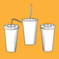 hand drawn tall paper cups with sodas. Cold beverages with straws. Drinks assets ready to use and easy to edit. Black outline and white fill in separate groups. vector