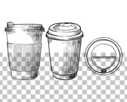 hand drawn paper cup with plastic lid. Tea, coffee, hot beverages. Drinks assets ready to use and easy to edit. Black outline, no fill, with fine details. vector