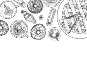 Tea and sweets time banner. Black outline with white fill on white background with top view pastry, coffee and tea. Hand drawn food assets. Outline and fill are grouped separate. vector