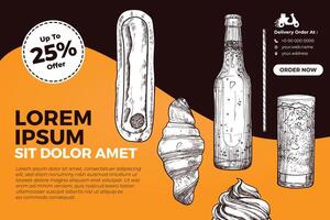 Pub, restaurant or cafe menu design cover with side and top view eclair, croissant, soda bottle, soda glass with straw, muffin. hand drawn food assets with outlines and fills grouped separately. vector