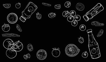 Hand drawn outline of tomatoes. Top and side view of these fresh vegetables on black background. Easy to edit and ready to use assets for menu designs, both online and print. vector