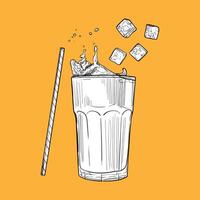 Beverage with a straw and ice cubes. hand drawn glass of milk chocolate. Drinks assets ready to use and easy to edit. Black outline and white fill in separate groups. vector