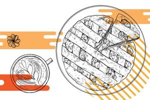 Hand drawn fruit pie and coffee. Top view of a fresh pie and slice with stripe crust and fruit filling. Easy to edit and use food assets. Black outline, white fill in separate groups. vector