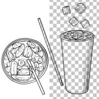 Hand drawn soda. Soft drink paper cup with ice cubes and straw. Top and side views of drinks assets ready to use and easy to edit. Black outline, no fill, with fine details. vector