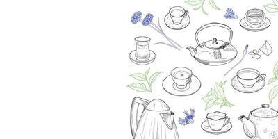 Landscape banner with hand drawn teapots, plants and cups. The illustration is outline only. Teas background with text on the side. Beverages with plants isolated on white background. vector