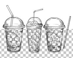 hand drawn beverages with ice cubes in plastic cup with lid and straws. Summer ice teas. Drinks assets ready to use and easy to edit. Black outline, no fill, with fine details. vector
