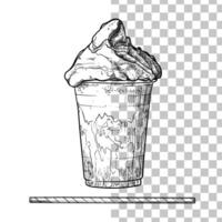 Hand drawn coffee with cream, foam and syrup. Drink asset ready to use and easy to edit. Black outline, no fill, with fine details. vector