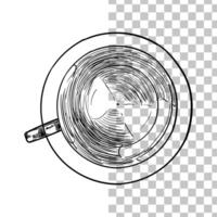Top view of an elegant cup of tea or coffee. Hand drawn beverage in a cup. Drink asset ready to use and easy to edit. Black outline, no fill, with fine details. vector