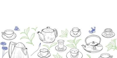 Landscape banner with hand drawn teapots, plants and cups. The illustration is outline only. Teas background with text on top. Beverages with plants isolated on white background. vector