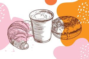 Playful and warm coffee menu design with croissant, doughnut, coffee. hand drawn food assets on orange, white and pink background. Breakfast of champions. Outlines and fills are separate. vector