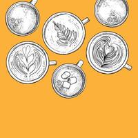 hand drawn warm and hot beverages. Top view lattes and milk chocolates with marshmallows. Drinks assets ready to use and easy to edit. Black outline and white fill in separate groups. vector