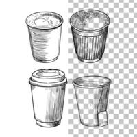 hand drawn paper cups with beverages such as tea, coffee, cappuccino. Heart on a foam. Drinks assets ready to use and easy to edit. Black outline, no fill, with fine details. vector