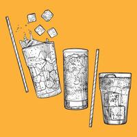 Hand drawn soda glasses with sparkling soft drink, ice cubes, straw, sparkles. Easy to edit beverages. Drinks assets ready to use and easy to edit. Black outline, white fill in separate groups vector