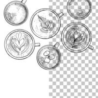 hand drawn warm and hot beverages. Top view lattes and milk chocolates with marshmallows. Drinks assets ready to use and easy to edit. Black outline, no fill, with fine details. vector
