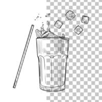 Beverage with a straw and ice cubes. hand drawn glass of milk chocolate. Drinks assets ready to use and easy to edit. Black outline, no fill, with fine details. vector