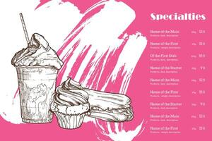 Me time menu graphic design with frappe, muffin and eclair on pink background with white brush texture. hand drawn food assets with outlines and fills grouped separate. vector