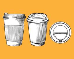 hand drawn paper cup with plastic lid. Tea, coffee, hot beverages. Drinks assets ready to use and easy to edit. Black outline and white fill in separate groups. vector