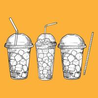 hand drawn beverages with ice cubes in plastic cup with lid and straws. Summer ice teas. Drinks assets ready to use and easy to edit. Black outline and white fill in separate groups. vector