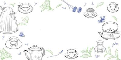 Landscape banner with hand drawn teapots, plants and cups. The illustration is outline only. Teas background with text centered. Beverages with plants isolated on white background. vector