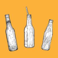 hand drawn cold beverage bottles. Bottle with straw and orange soda. Sparkling soda bottles. Easy to edit, ready to use. Black outline and white fill in separate groups. vector