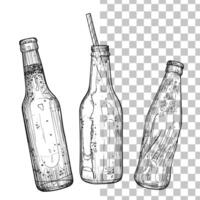 hand drawn cold beverage bottles. Bottle with straw and orange soda. Sparkling soda bottles. Easy to edit, ready to use. Black outline, no fill, with fine details. vector