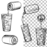 Soda in cans and glasses isolated on the background. Soft drinks assets. Drinks assets ready to use and easy to edit. Black outline, no fill, with fine details. vector