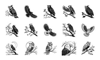 Elegant Owl Silhouette Set Night Bird Illustrations vector