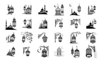 Ramadan Lanterns Mosque Illustrations Black White Islamic Art vector