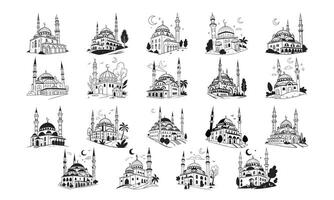 Islamic Mosque Illustrations Black and White Architectural Eid Ramadan Art vector