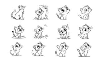 Cute Kitten Illustrations Black and White Cartoon Cat Artwork vector