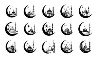 Islamic Crescent Moon Mosque Illustrations Black White Eid Art vector