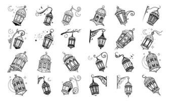 Ramadan Lantern Illustrations Black White Islamic Decorative Art vector