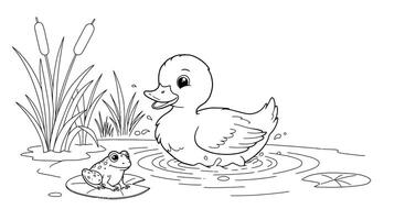 A duck and a bird in the pond coloring page vector