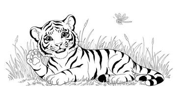 A coloring page with a tiger laying in the grass vector