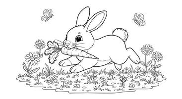 A bunny with carrots in the grass coloring page vector