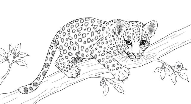 A leopard coloring page with a tree branch vector