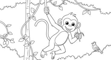 A monkey in the jungle coloring page vector