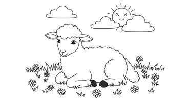 A coloring page with a sheep in the grass vector