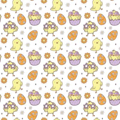 Easter Pattern Seamless retro Chick collection in Playful animal doodle drawing isolated on white background.