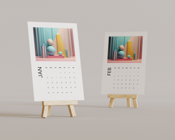 Two desk calendar mockups using a mini easel with a transparent background psd