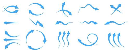 Set of blue arrow showing wind air flow isolated on white background, air direction vector