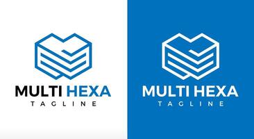 Multiple Hexagon Logo, Technology Files Logo, Stack Logo, hex Level up with tick mark icon, online real estate, online maker, multi works jobs and digital box shape, m shape, buyer seller trade crypto vector