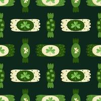 Seamless candy pattern on dark green background. Shamrock, candy. Illustration for St. Patrick's Day. vector