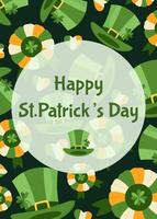 St. Patrick's Day greeting card. Lepricon hats and award rosettes on green background. . vector