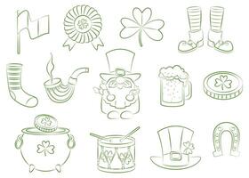 Set of hand drawn continuous lines of traditional st. patrick's day elements, leprechaun, coins, clover, horseshoe, hat, clogs. Illustration on white background. vector