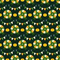 Seamless pattern of award rosettes, flag garlands, coins on dark green background. Traditional elements of st patrick's day. vector