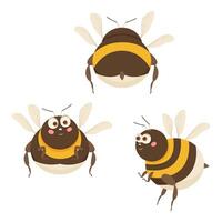 Set of three cute flying bumblebees. Cartoon characters in flat style. . vector