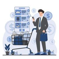 Online shopping ecommerce concept Businessman with shopping cart and mobile phone. illustration in flat style vector