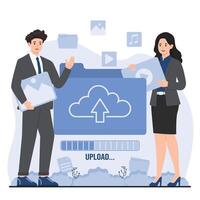upload concept Cloud computing concept. Man and woman with laptop and tablet. illustration in flat style vector